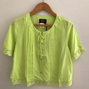 M2 Apple lime Green Pleated Tie Lace Trim Crop Top